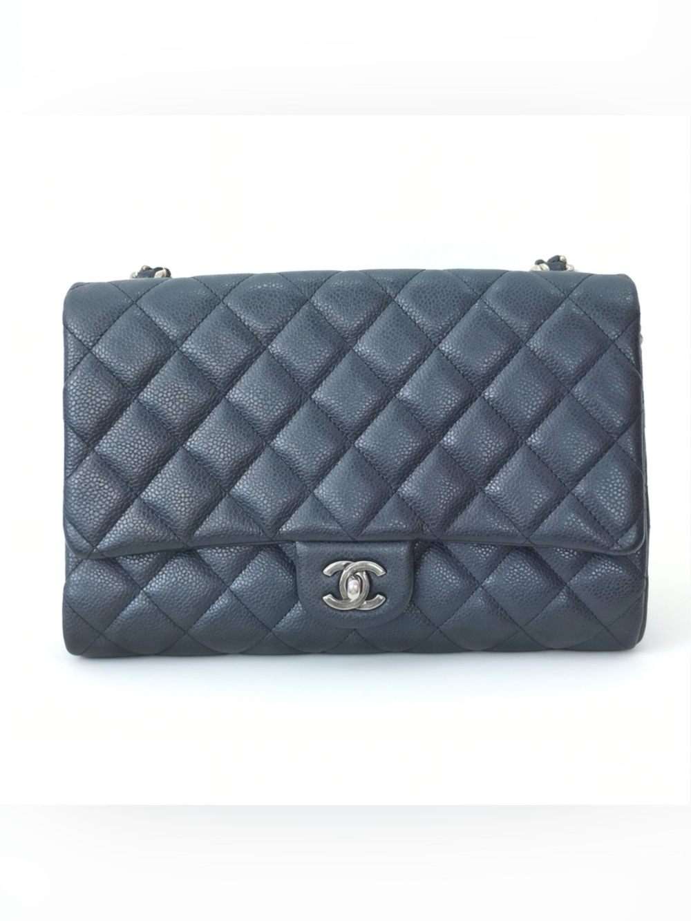 CHANEL Classic Double Flap Quilted Caviar Leather Shoulder Bag in Dark Gray